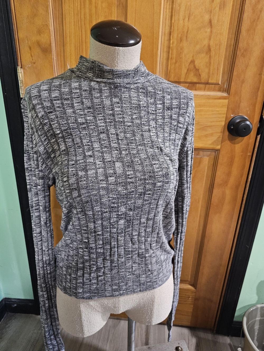 Gray Ribbed Long Sleeve Mock Neck Top